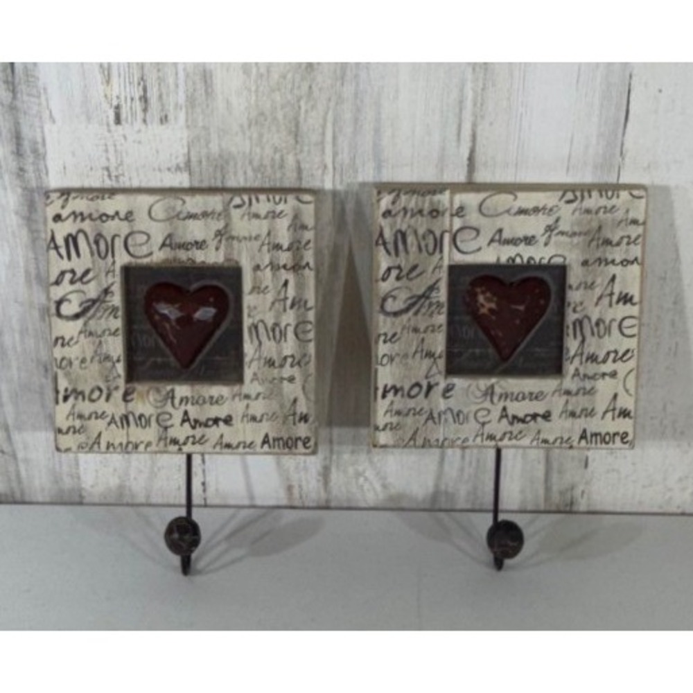 Set of 2 Cream Amore Heart Rustic Shabby Chic Wood Wall Hooks Romance Love